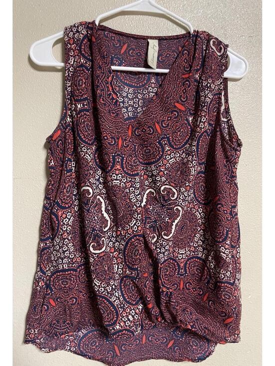 Allison Joy Tops - allison joy top Small Sleeveless Red Blue Faux Wrap Floral Grape Front